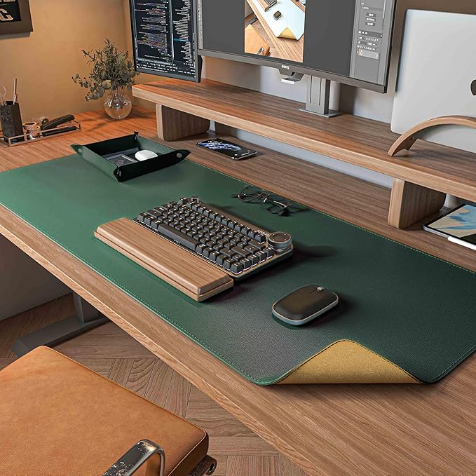 DAWNTREES Dual Sided Desk Mat,Leather Desk Pad,Cork Desk Mat Protector,with PU Leather Valet Tray Organizer,Large Mouse Pad,Desk Writing Pad for Office and Home(Dark Green 31.5"x15.8")