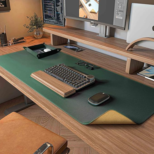 DAWNTREES Dual Sided Desk Mat,Leather Desk Pad,Cork Desk Mat Protector,with PU Leather Valet Tray Organizer,Large Mouse Pad,Desk Writing Pad for Office and Home(Dark Green 31.5"x15.8")