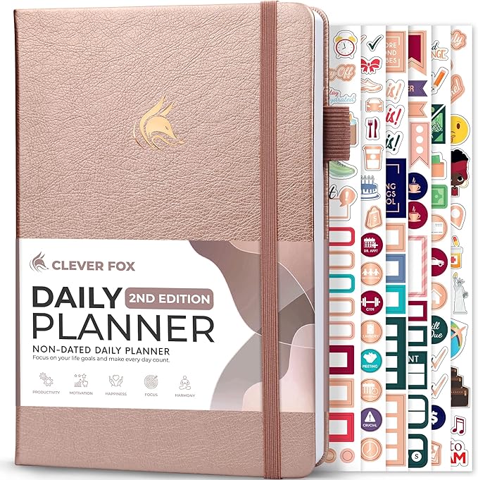 Clever Fox Daily Planner 2nd Edition – Undated Time Block Task Organizer with Hourly Schedule & to-do List – A5, 6 Months (Rose Gold)