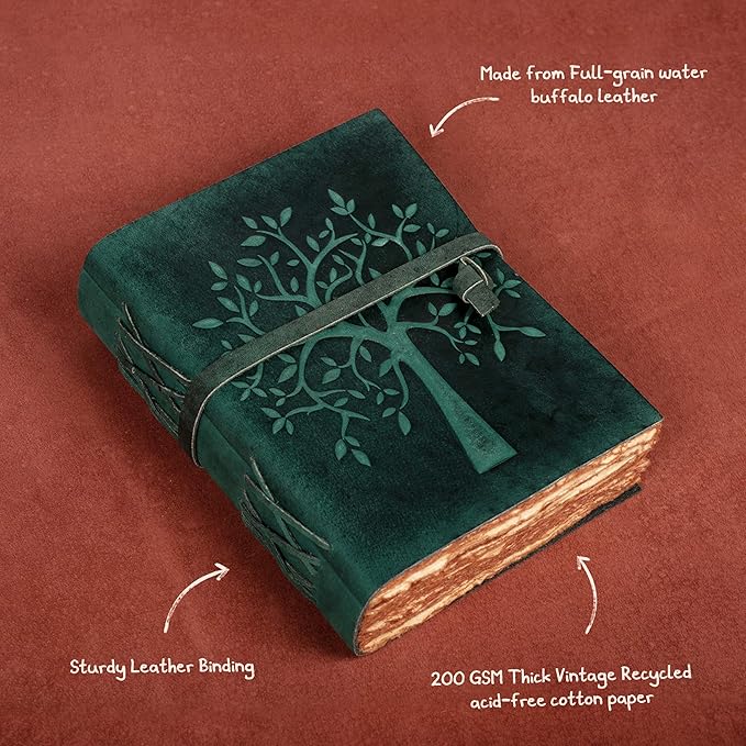 LEATHER VILLAGE Tree of Life Journal - 6 X 4 (A6) inches - Turquoise - 200 Antique Deckle Edge Handmade Paper – Book of Shadows - Vintage Leather Bound Journal for Women & Men