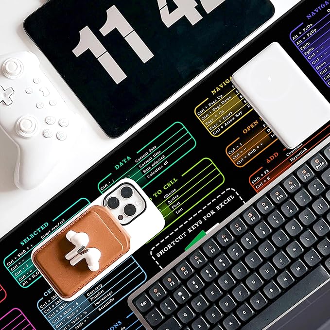 Excel Cheat Sheet Desk Pad, 31.5"x11.8", Waterproof Extra Large Excel Shortcut Mat with Stitched Edges, Anti-Slip Excel Mouse Pad for Office Desk, MS Excel/Word Shortcuts (Color Excel)