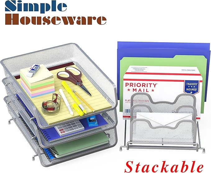 Simple Houseware 3-Tier Stackable Desk Organizer with 5 Compartments - Letter Tray and Step File Sorter, Silver