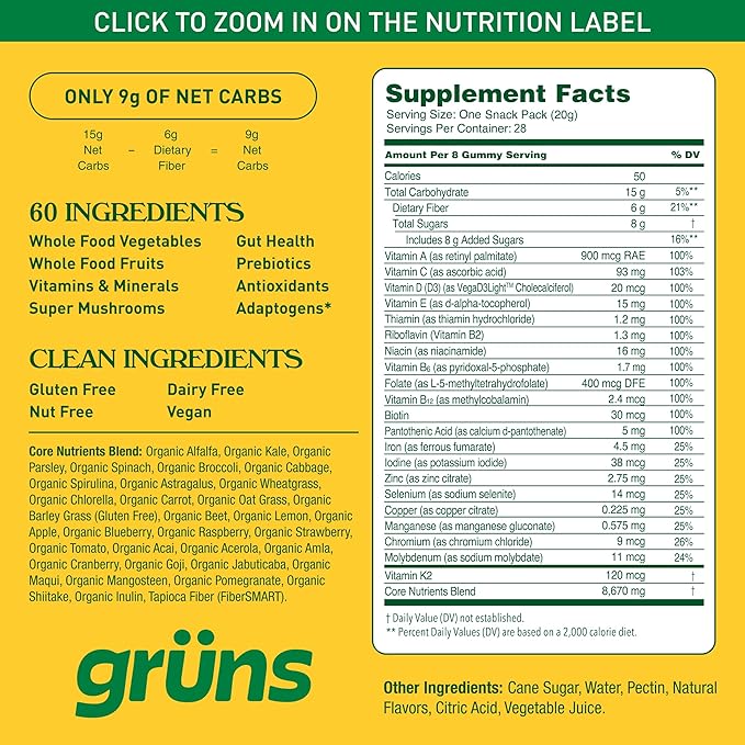 Gruns Adults Super Greens Gummies, Multivitamin Superfood Gummy Bears with Spirulina, Chlorella, Prebiotics & Fiber for Digestive Health, Adaptogens Supplement with 20 Vitamins & Minerals, 28 Count