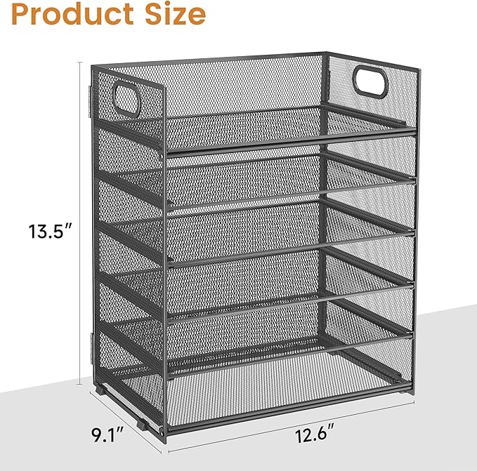 Subekyu 6 Tier Paper Organizer for Desk with Handle, Metal Mesh Desk Office File Folder Paper Letter Tray Accessories Organizer Sorter for Home, School, Office Desktop Document Organization - Gray