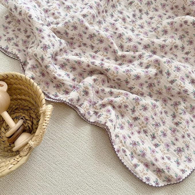 BuLuTu Muslin Cotton Toddler Blanket for Crib, Shabby Chic Purple Floral Print, Large Crib Blanket 47x51 Inch, Cottage Baby Quilt for Unisex Boys Girls Gifts, Soft Lightweight