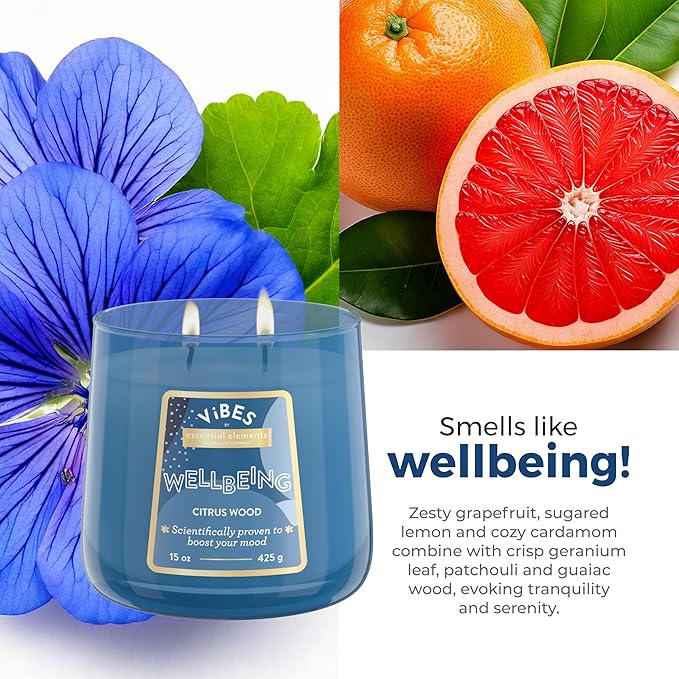Candle-Lite Vibes Citrus Wood Mood-Enhancing Scented Candles, 15 oz Jar, Aromatherapy, Proudly Poured in The USA, 2-Wick, 86 Hours Burn Time, Perfect Relaxation Gift