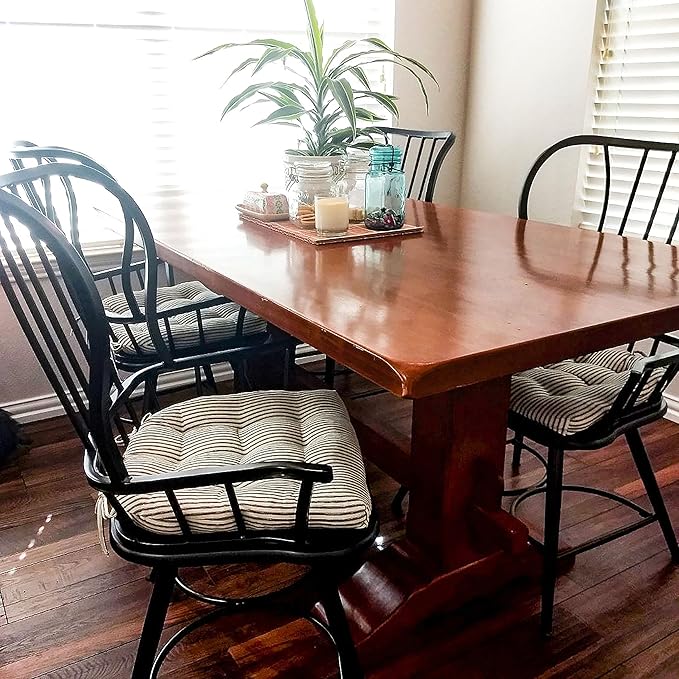 Barnett Home Decor Ticking Stripe Black Dining Chair Pad with Ties - 18" x 16.5" Size Medium Chair Cushion - Latex Foam Fill - Machine Washable, Reversible, 100% Cotton, Made in USA