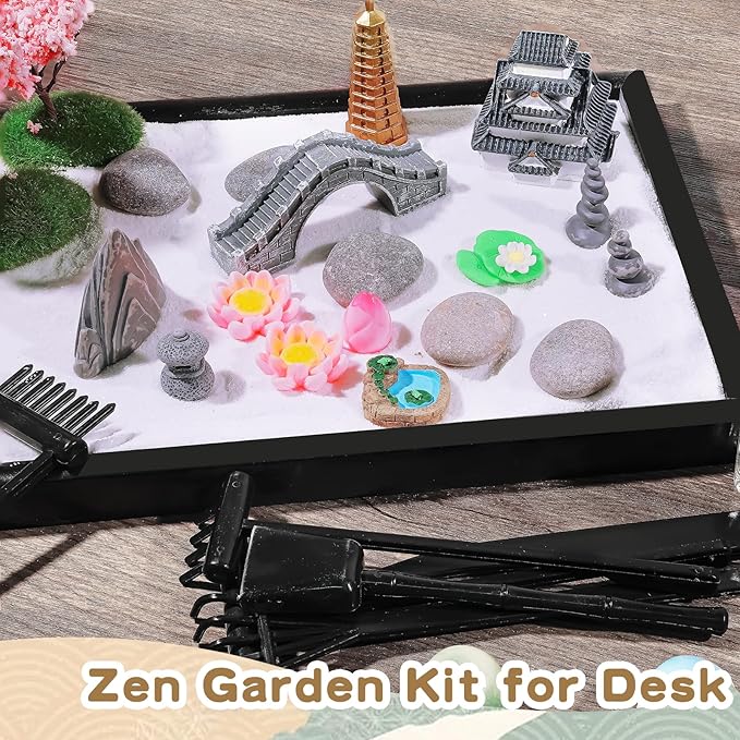 Bbiamsleep Zen Garden Kit for Desk, 9.8 x 7 Inch Mini Zen Sand Garden with 6 Tools, 27 Accessories for Home Office Desktop Japanese Decor