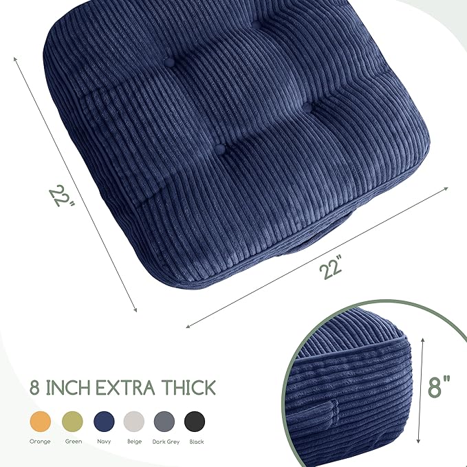 8" Washable Floor Pillow Cushion for Adults, Meditation Cushion Pillow, Large Square Floor Sitting, Removable Tufted Corduroy Cover, for Tatami Living Room or Yoga, 22x22 Inch, 2Pack, Machine Washable