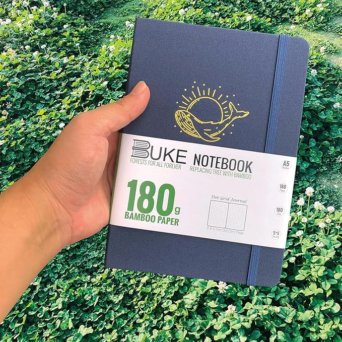 Dot Grid Notebook Dotted Journal,180Gsm Bamboo White Paper, 5 * 5MM Dots 160 Pages, Lay Flat Binding,Colored Silver Edges, Bookmarks and Expandable Back Pocket