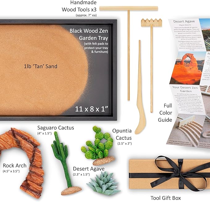 Desert Zen Garden Kit. Premium Home Cactus Decor. 11x8 Sand Tray. 4 Artificial Features, Brown Sand, 3 Handcrafted Wood Tools. Southwestern Desert Decor Zen Garden for Desk Therapy