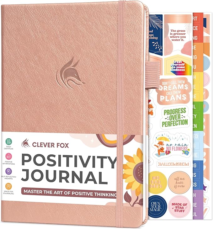 Clever Fox Positivity Journal – Daily Gratitude & Affirmation Journal with Prompts – Motivational Mental Health Journal for Women & Men with Habit Tracker – Lasts 6 Months, A5 Size (Rose Gold)