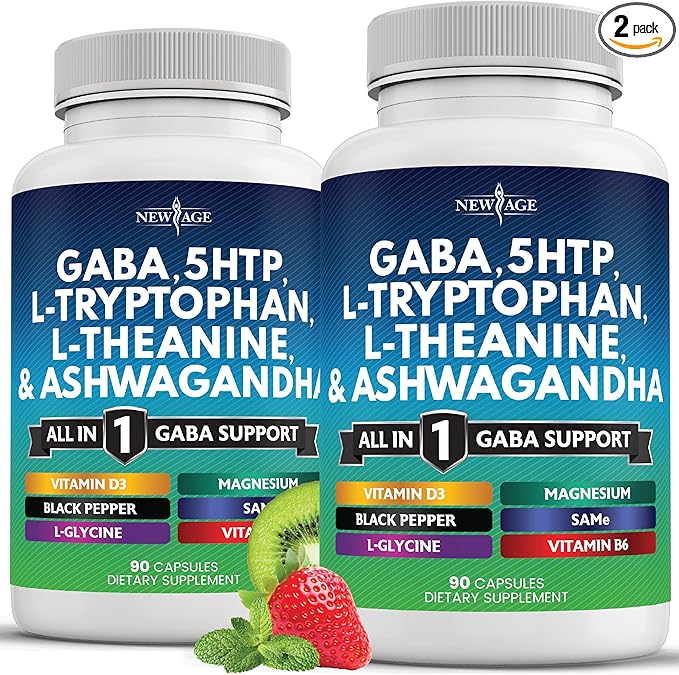 NEW AGE GABA 750mg 5 HTP 200mg L Tryptophan 500mg L Theanine 200mg Ashwagandha SAM-e L-Glycine - Vitamins for Women and Men with L-Tyrosine 5-HTP (5-Hydroxytryptophan) - 180 Count