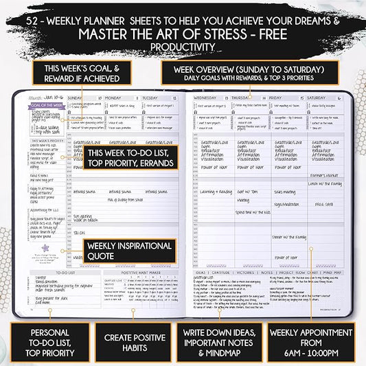Life Planner - Undated Weekly & Monthly Planner, 12-Month Journey to Increase Productivity | Gratitude Journal, Life Organizer & Goal Journal | Include Foldable Vision Board, Habit Tracker & Stickers