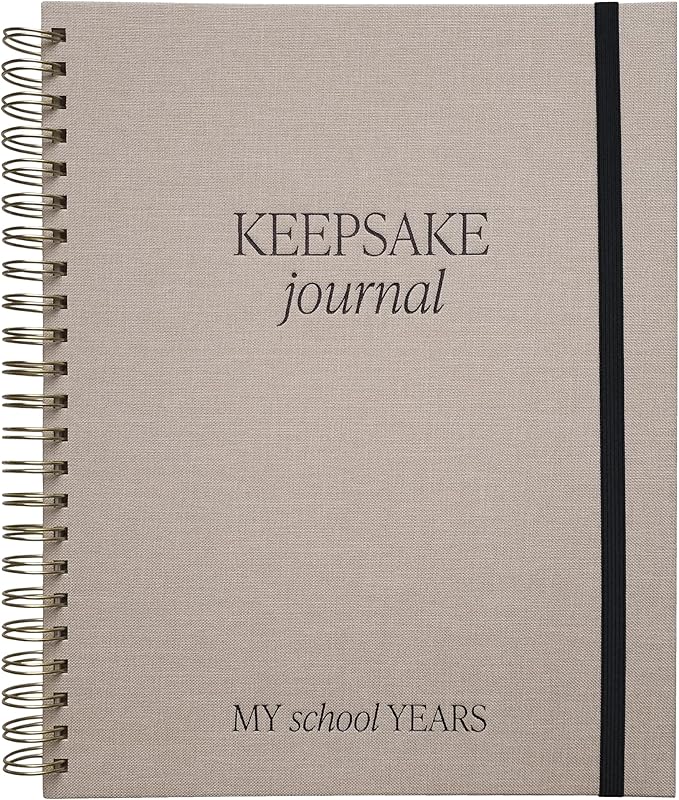 Sweet Water Decor Kid's Keepsake Memory Journal, Cute Prompted Entry Notebook for Moms and Parents, 14 White Craft Envelopes for Capturing Memories, Tan Fabric Spiral Bound Diary with Gold Foil Detail