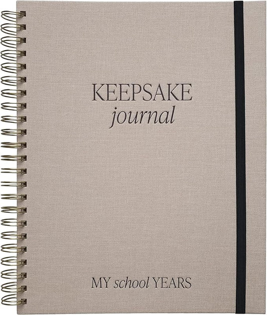 Sweet Water Decor Kid's Keepsake Memory Journal, Cute Prompted Entry Notebook for Moms and Parents, 14 White Craft Envelopes for Capturing Memories, Tan Fabric Spiral Bound Diary with Gold Foil Detail