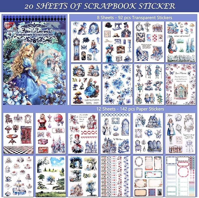 AVECMOI Alice in Wonderland Scrapbooking Sticker Book for Girls, 234 Vintage Fantasy Junk Journaling Stickers, Cute Mystery Sticker Set for Gifts, Party Favor, Card Making, Craft Supplies (Blue)