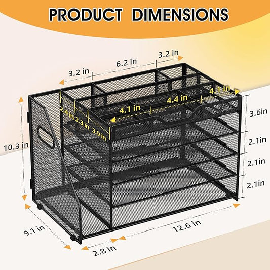 5 Tier Paper Letter Tray with File Holder and 3 Drop-in Pen Holders, Mesh Desk File Organizer with Handle, Desk Organizers and Accessories for School,Home, Office Supplies Storage-Black