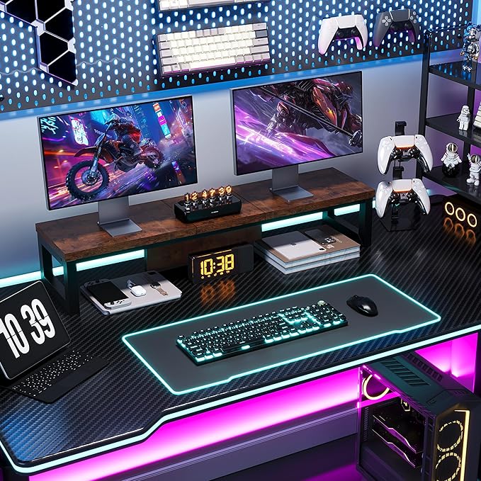 Dual Monitor Stand Riser, Wood and Steel Monitor Riser, Long Computer Monitor Stands for 2 Monitors, Desk Shelf for Computer, Laptop, Printer, TV, Brown