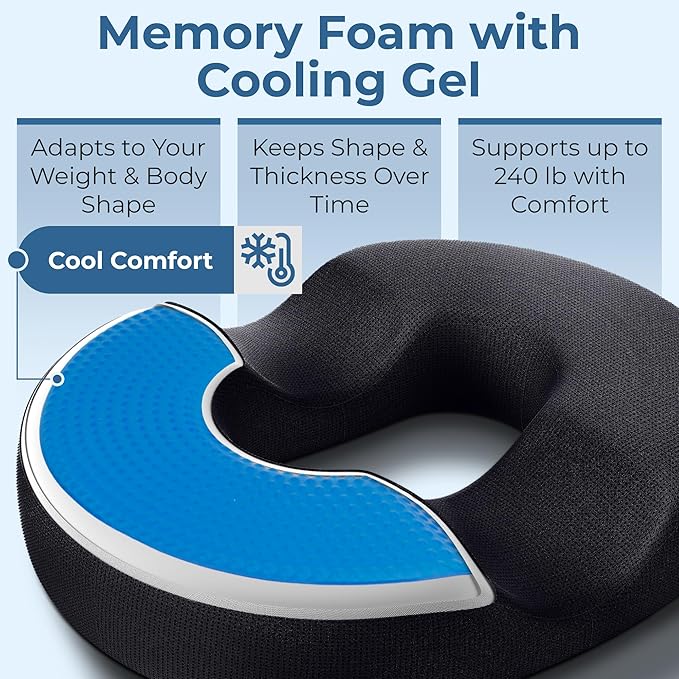 5 STARS UNITED Donut Pillow Hemorrhoid Tailbone Cushion – Large Chair Pad for Pain Relief – Coccyx, Prostate, Sciatica, Pelvic Floor, Pressure Sores, Pregnancy, Postpartum Recovery, Arctic Black