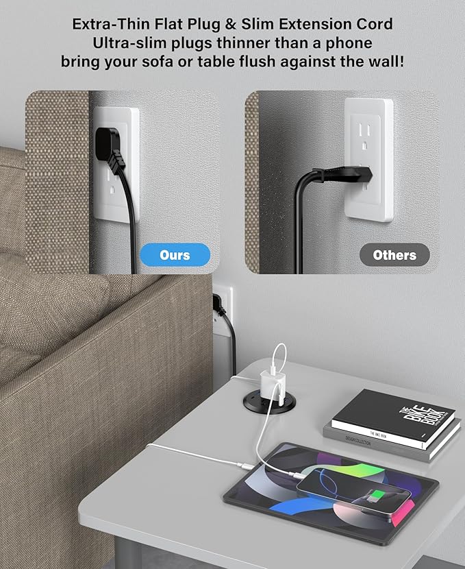 3 inch Desktop Power Grommet with PD 20W USB C,Furniture Recessed Power Strip,2 Outlets,4 USB Ports,40W Total,Flush-Mount for Desktop, Workspace Essential Desk Outlet (Black, 6 FT Cable)