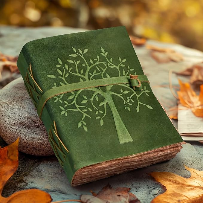 LEATHER VILLAGE Tree of Life Journal - 6 X 4 (A6) inches - Green - 200 Antique Deckle Edge Handmade Paper – Book of Shadows - Vintage Leather Bound Journal for Women & Men