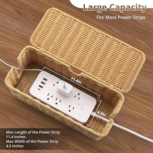 Handmade Cable Management Box Brown, Imitation Rattan Cord Organizer Cord Hider Box, Cable Organizer Box for Desk, Cord Management Box to Hide Cords and Power Strip L12.5'' W5'' H5.2''
