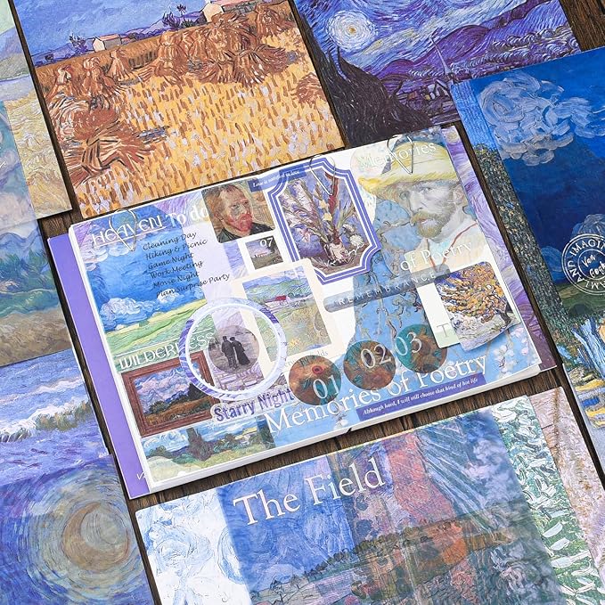 Scrapbook Supplies Kit, Vintage Oil Painting Journaling Supplies for Junk Journal, Aesthetic Scrapbook Kit with Scrapbook Paper Stickers Tapes, Art Craft DIY Gifts for Adult Teen Girls, Starry Night