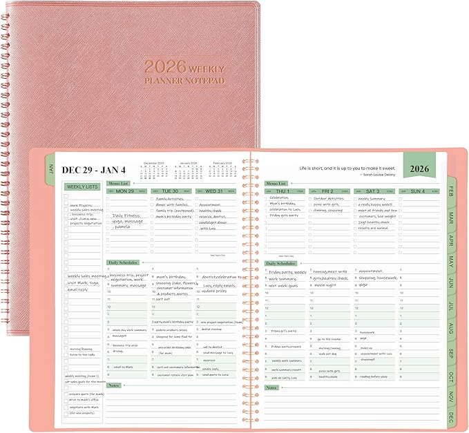 2026 Planner - 11.38'' x 8.74'', Weekly & Monthly Planner Notepad 2026, JAN. 2026 - DEC. 2026, Appointment Book, 60 Minutes Interval, Monthly Tabs, Faux Soft Leather, Spiral Bound - Rose Golden