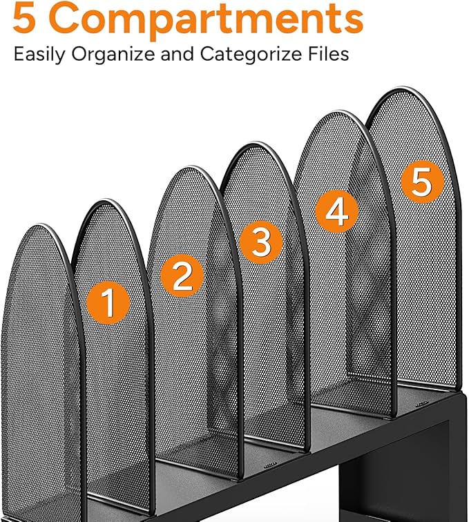 5-Section Desk File Organizer, Metal Mesh Folder Organizer for Documents, Mail & Office Papers (Black)