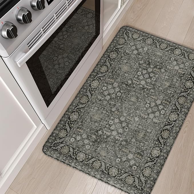 KIMODE Anti Fatigue Kitchen Mat, 20"x32" Cushioned Kitchen Rug, Non Slip Waterproof Kitchen Floor Mat, Boho Comfort Standing Mat for Laundry Office Sink Desk Green/Grey