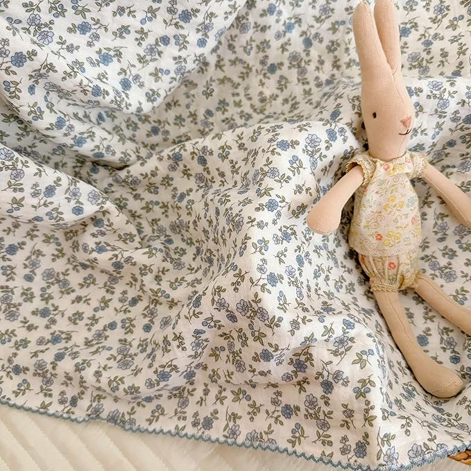 BuLuTu 100% Cotton Muslin Toddler Blanket for Girls Boys Shabby Chic Blue Floral Baby Blanket Soft Lightweight Toddler Bed Blankets Gauze Cotton Crib Quilt, 1 pc, 47"x51"