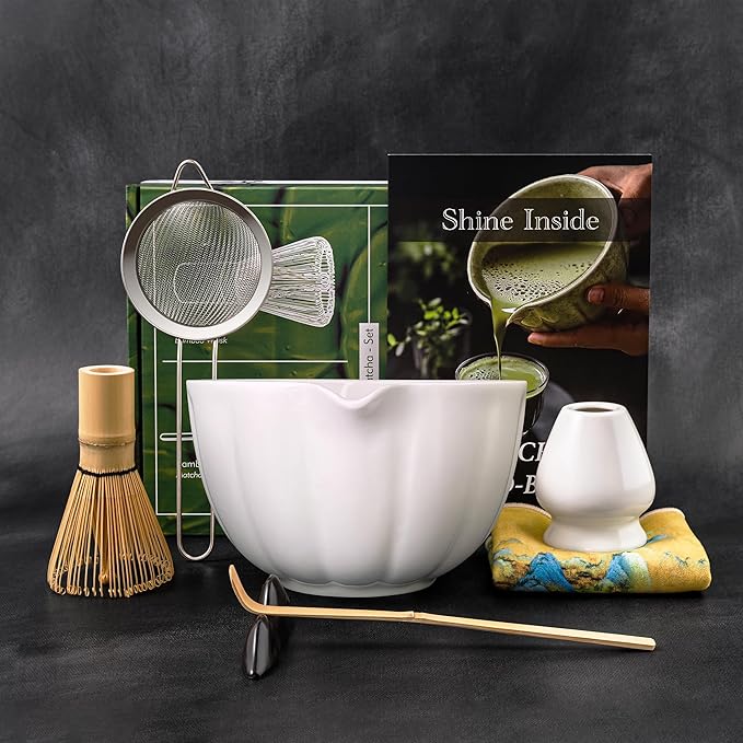 Matcha Whisk Set – 7 Pcs Japanese Matcha Kit, Bowl (Chawan) with Spout, Bamboo Whisk (Chasen) & Holder, Scoop (Chashaku), Sifter, Tea Towel – Perfect for Matcha Lovers & Tea Ceremony (White)