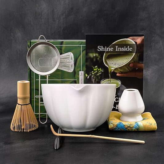 Matcha Whisk Set – 7 Pcs Japanese Matcha Kit, Bowl (Chawan) with Spout, Bamboo Whisk (Chasen) & Holder, Scoop (Chashaku), Sifter, Tea Towel – Perfect for Matcha Lovers & Tea Ceremony (White)