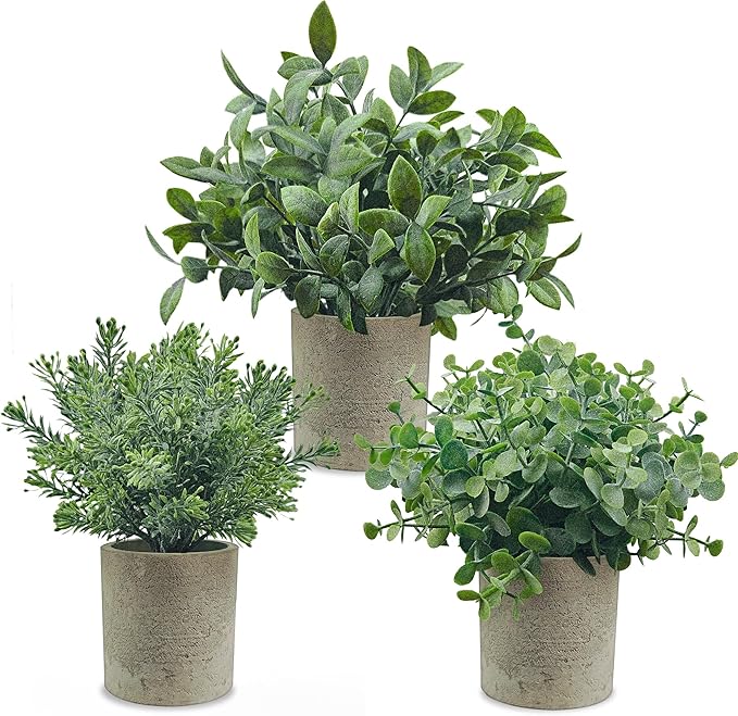 USLAI Small Potted Fake Plants(3-Pack), Mini Artificial Plastic Eucalyptus Faux Plants Topiaries for Home Office Shelf Desk Farmhouse Room Coffee Table Decor