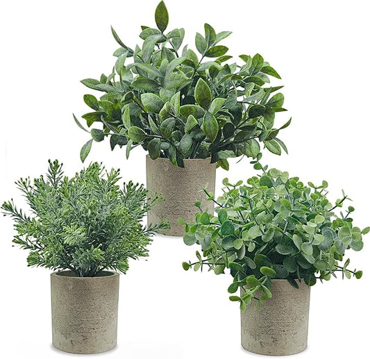 USLAI Small Potted Fake Plants(3-Pack), Mini Artificial Plastic Eucalyptus Faux Plants Topiaries for Home Office Shelf Desk Farmhouse Room Coffee Table Decor