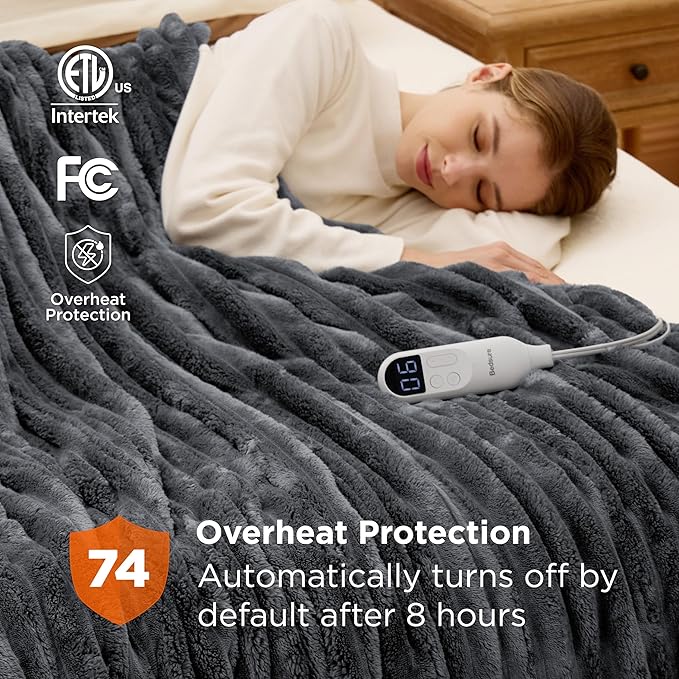 Bedsure Electric Blanket Twin - Thick Striped Flannel Electric Blanket, Heating with 10 Time Settings, 6 Heat Settings, and 8-Hour Timer Auto Shut Off, Gift for Grandma (62x84 inches, Grey)