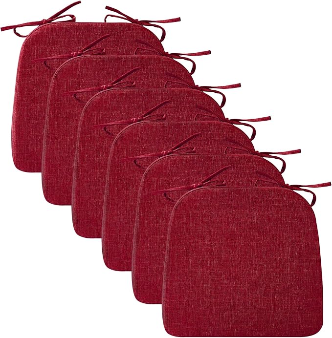 Chair Cushions for Dining Chairs, 2" Thick Seat Cushions for Kitchen Chairs, D-Shaped Chair Pads with Washable Cover, Ties and Non Slip Backing, 17'' x 16'', Set of 6, Red