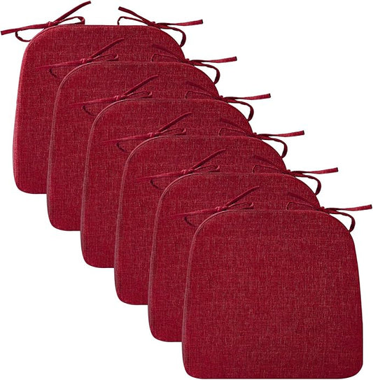 Chair Cushions for Dining Chairs, 2" Thick Seat Cushions for Kitchen Chairs, D-Shaped Chair Pads with Washable Cover, Ties and Non Slip Backing, 17'' x 16'', Set of 6, Red