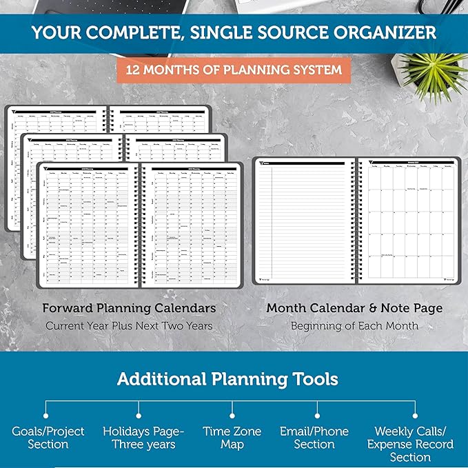 Planner Pad Spiral Bound January-December 2025/ Calendar Year 6 3/4" x 8 1/2" Medium 3-Tier Funnel Down 12 Month Organizer, Black Cover/Black Ink