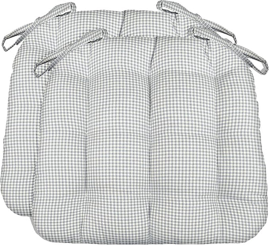 Barnett Home Decor Dining Chair Cushions, 16.5 x 18, Pack of 2 – Madrid Grey Gingham Check – 100% Cotton, Latex Foam Fill