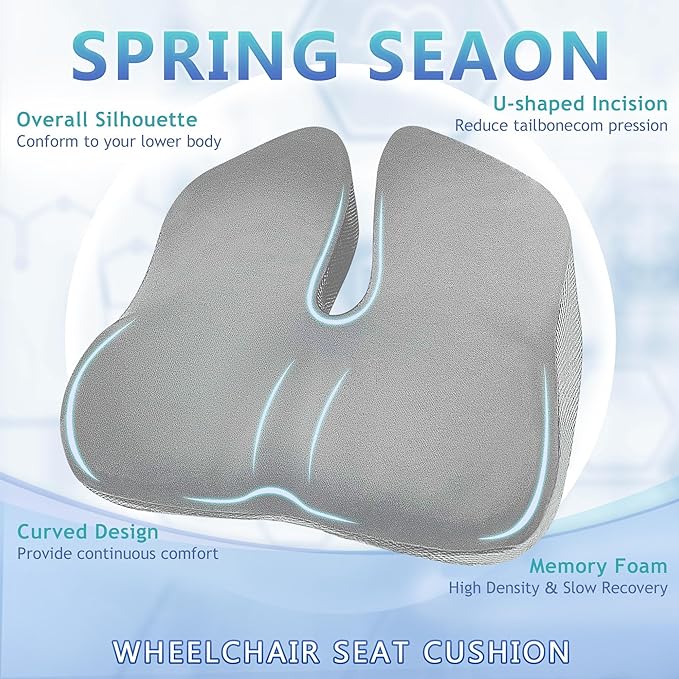SPRING SEAON Wheelchair Seat Cushion Cool Fabric,Ergonomic Memory Foam Chair Pad for Pressure Relief, Sciatica, and Tailbone Pain,Rubber Non-Slip Bottom & Removable for Easy Cleaning