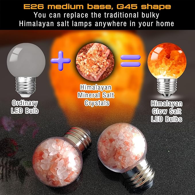 Himalayan Salt Lamp LED Light Bulbs, E26 2200K Warm Amber Pink, 3W Mood Lighting Night Light, E26 G45 Salt Rock Stress Relief Bulbs for Bedroom, Decor, Sleep Light, Non-Dimmable, 2pack