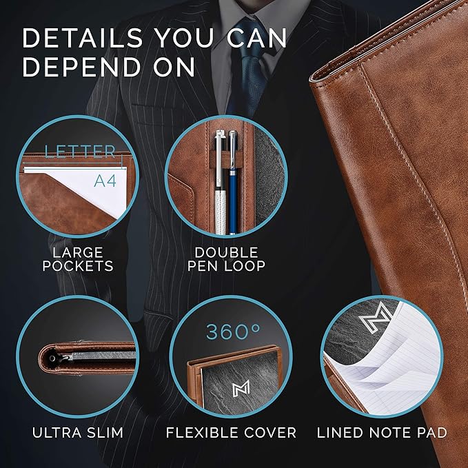 Leather Portfolio Folder - Business PU Leather Notepad Holder for Resumes, Legal Pad Executive Binder, Professional Padfolio Notebook for Women/Men (Brown)