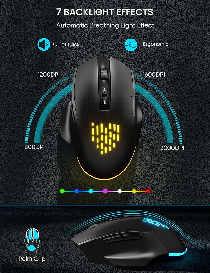 SABLUTE Wireless Keyboard and Mouse Combo - Ergonomic Wave Keyboard with Soft Leather Wrist Rest, Phone Holder, Rechargeable, RGB Backlit Mouse, Full-Size Set for Windows/Mac/Computer (Black)