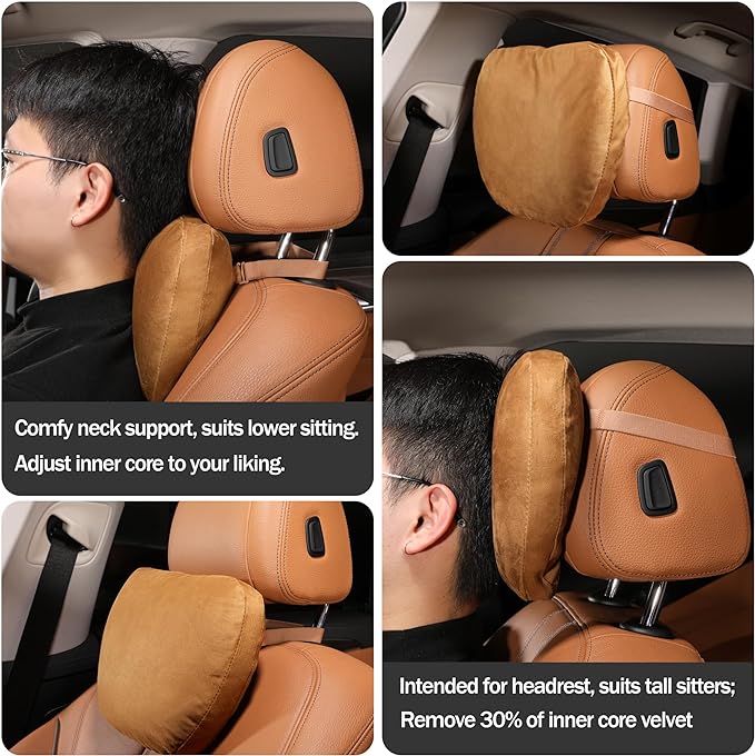 Genuine Cowhide Leather Headrest car Neck Pillow,Head Support Rest Driver,11.8x7.5”Real Cow Leather,Suede,Plant-Based Polyester,refillable&Adjustable Travel Vehicle Cushion(Orange Brown,1p)