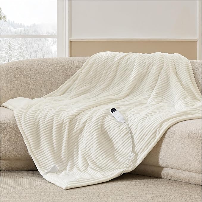 Bedsure GentleSoft Heated Blanket Electric Throw - Soft Ribbed Flannel Electric Blanket, Heating with 4 Time Settings, 6 Heat Settings, and 3 hrs Timer Auto Shut Off (50x60 inches, Coconut White)