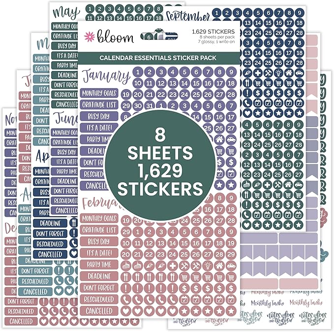 bloom daily planners Calendar Essentials Planner Stickers - Color Coordinating Monthly Headings, Dates, Icons, Etc. - 8 Sheets, 1629 Stickers Per Pack! - Jewel Tones