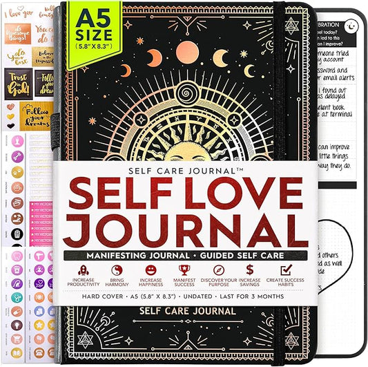 Self Love Journal - 5 Minute Self Care & Mental Health Journal | 90-Day Undated Daily Planner for Positivity, Affirmations & Gratitude | Guided Mindfulness, Reflection | Folded Vision Board + Stickers