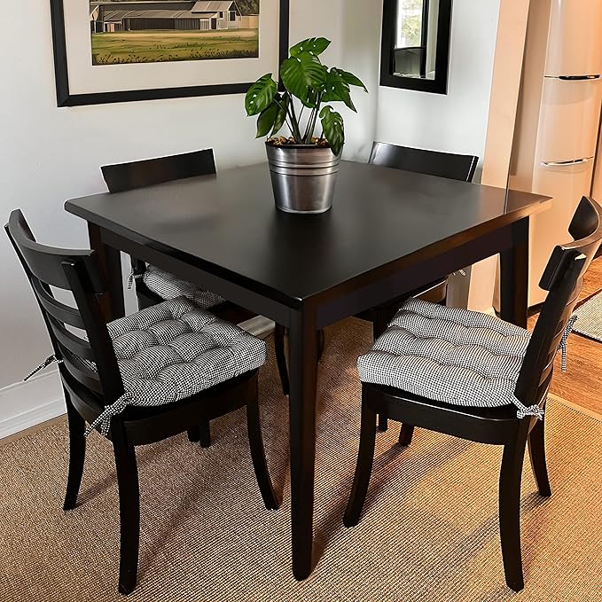 Barnett Home Decor Madrid Black Dining Chair Pad with Ties - 15 x 17 Size Small Chair Cushion - Latex Foam Fill - Machine Washable, 100% Cotton, Made in USA (Black White Gingham Check)